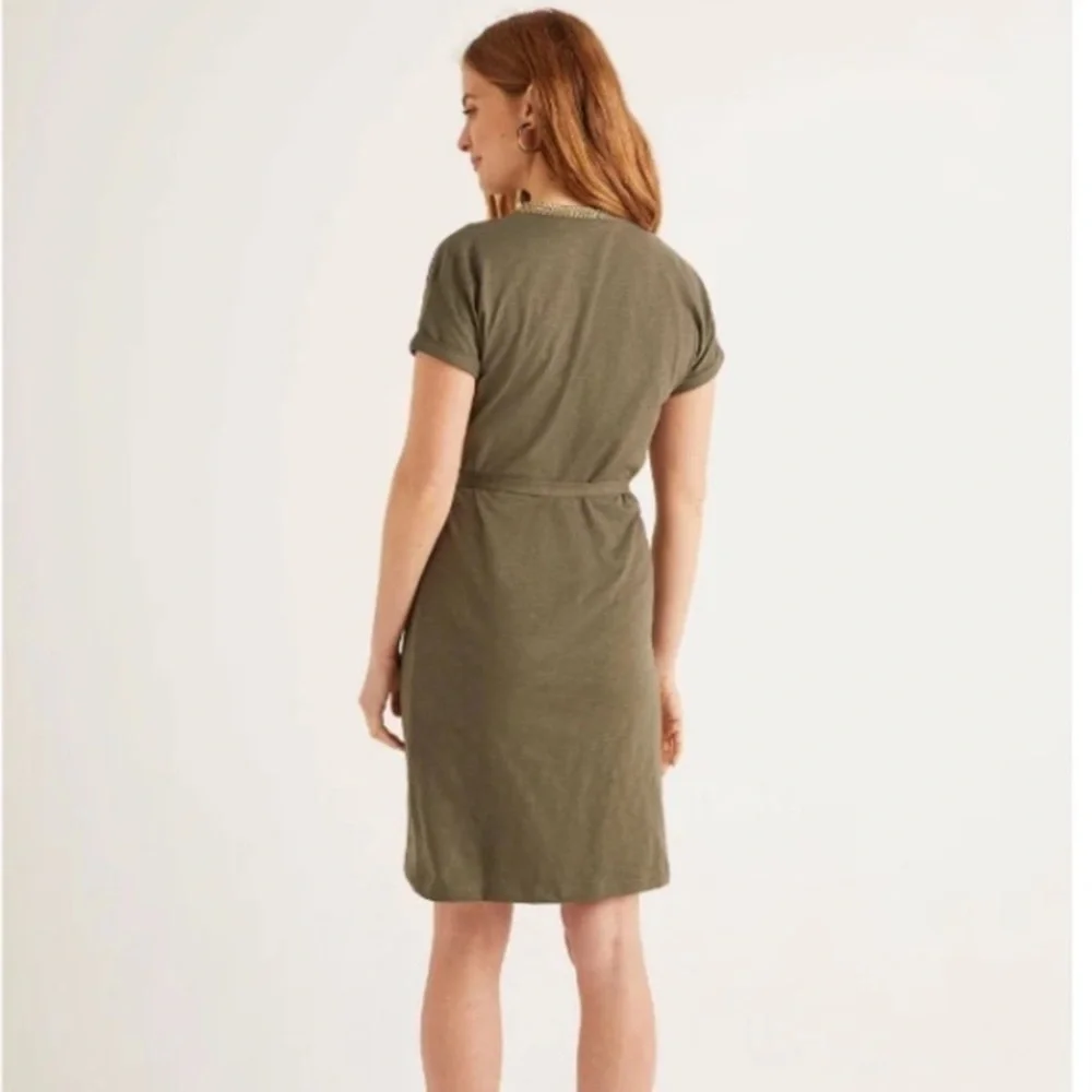 Boden Army Olive Green Gold Dora Embroidered Tie Waist Jersey Dress Size 2R